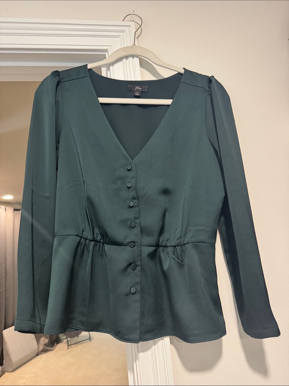 J. Crew Forest Green V-Neck Button Peplum Blouse